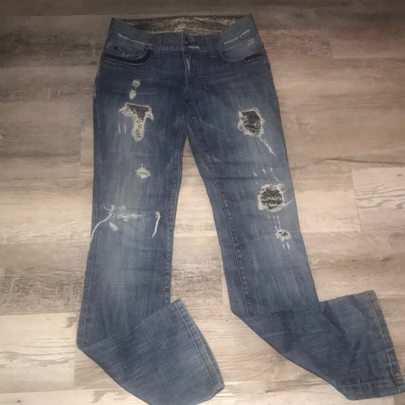 Marciano dark wash leopard animal print boot legs size 27 jeans - Picture 1 of 12